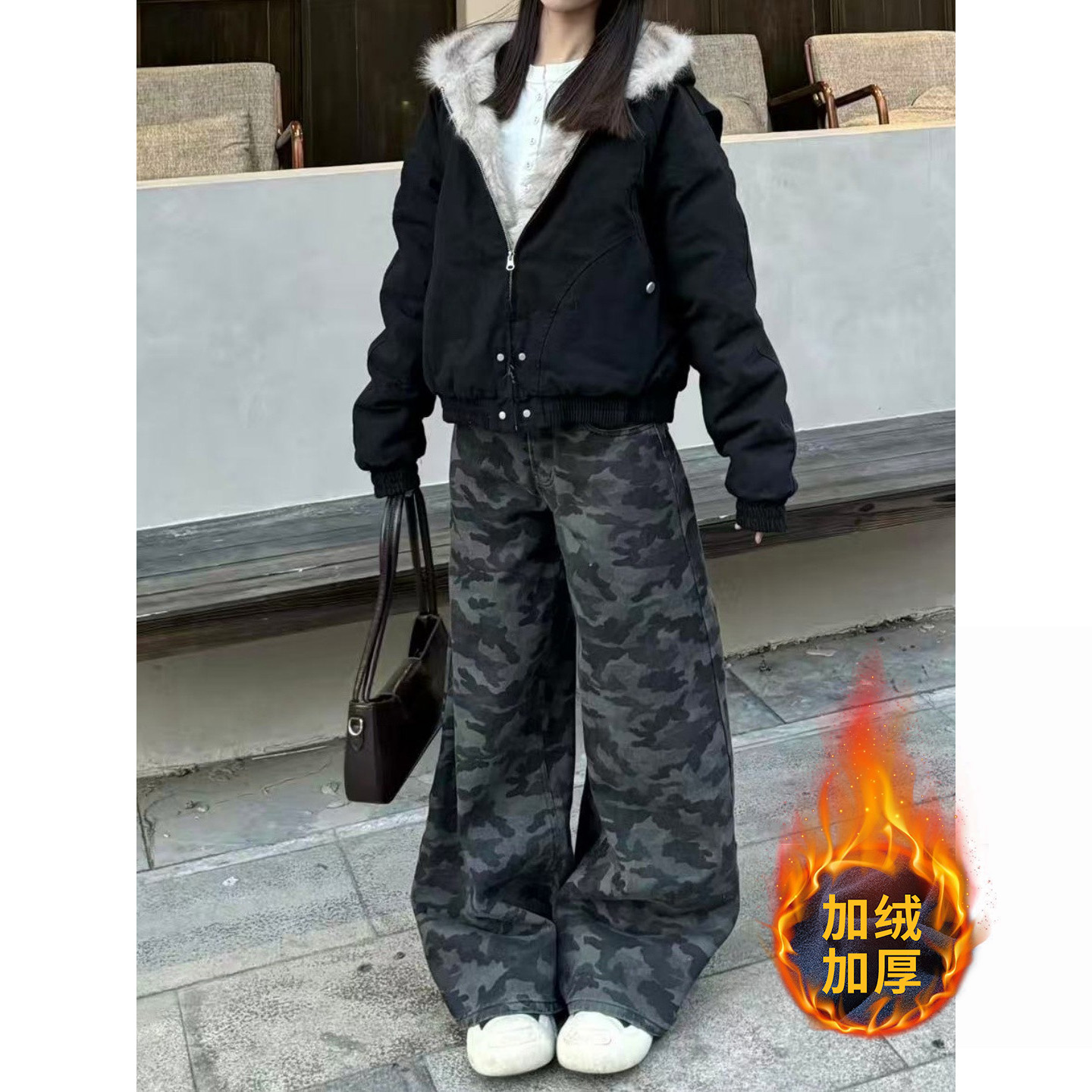 大码美式复古加绒加厚迷彩牛仔裤