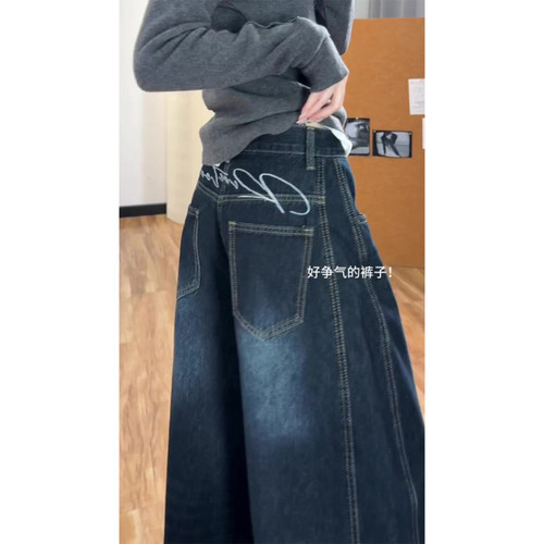 大码美式高街设计廓形弯刀牛仔裤