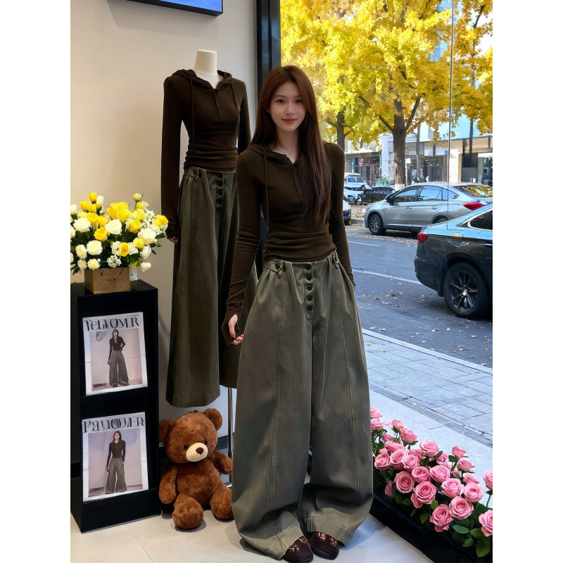 大码胖mm美式复古排扣弯刀牛仔裤