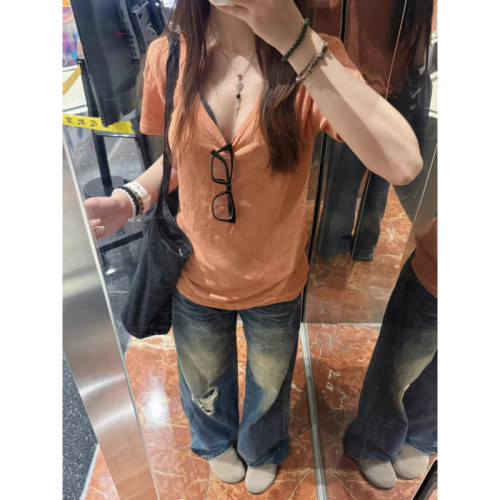 大码美式肌理感橘色V领短袖t恤女