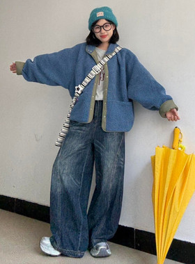 韩版复古水洗廓形弯刀牛仔裤女