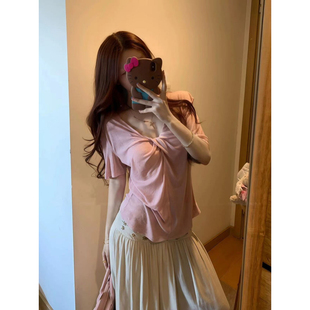 绝美修身 T恤女2026夏季 内搭上衣 胖mm韩系温柔风扭结设计短袖 大码