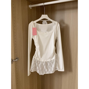 假两件修身 大码 新款 T恤女春季 内搭上衣 胖mm白色蕾丝花边挂脖长袖