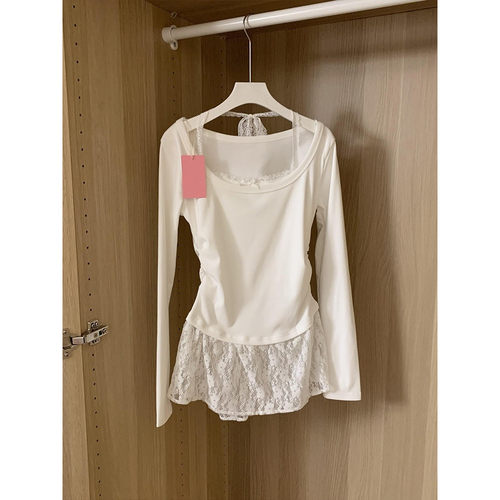 大码蕾丝花边挂脖长袖T恤女修身