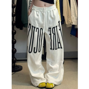 女秋冬爵士舞宽松运动阔腿裤 复古朋克风字母休闲卫裤 胖mm美式 大码