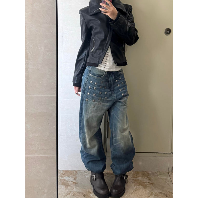 大码美式复古重工铆钉低腰牛仔裤