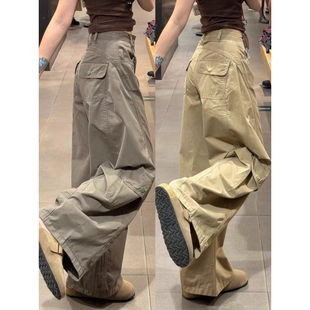大码胖mm美式复古卡其色工装裤女秋季加绒宽松百搭阔腿弯刀休闲裤