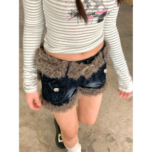 大码胖mm美式复古设计感毛毛边拼接牛仔热裤女春辣妹包臀短裤靴裤