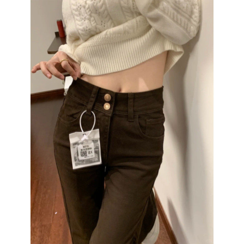 大码美拉德棕色不贴腿微喇牛仔裤