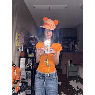辣妹修身 大码 t恤女夏季 正肩多巴胺橘色短袖 显瘦收腰上衣 胖mm美式