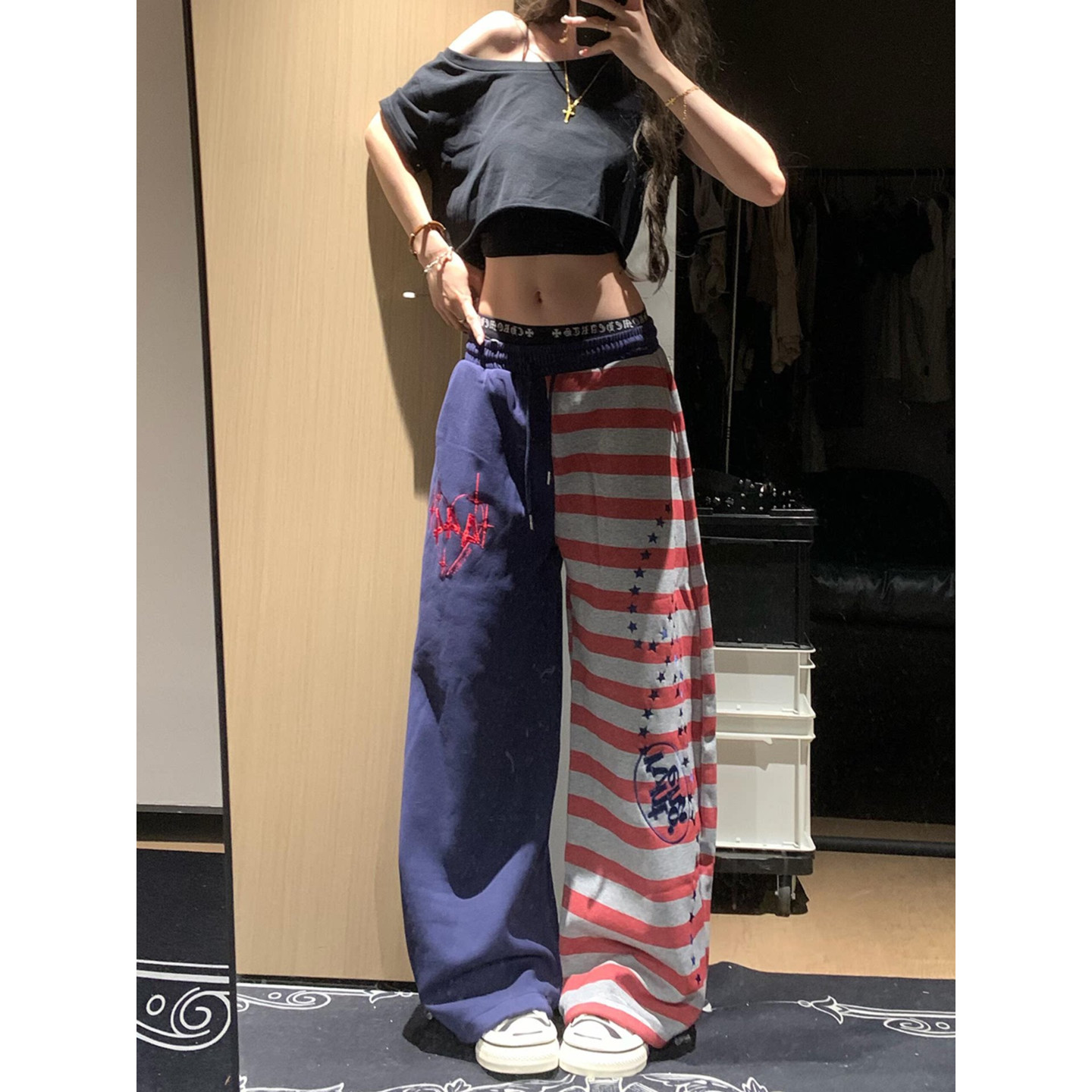 美式街头撞色条纹阔腿休闲裤女