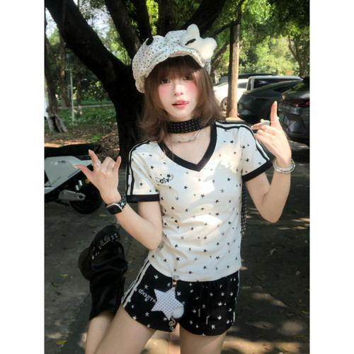 大码辣妹风撞色星星V领短袖T恤女