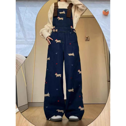 大码复古腊肠狗刺绣牛仔背带裤女