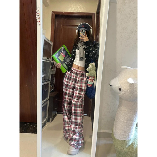 大码美式设计感复古格子休闲裤女