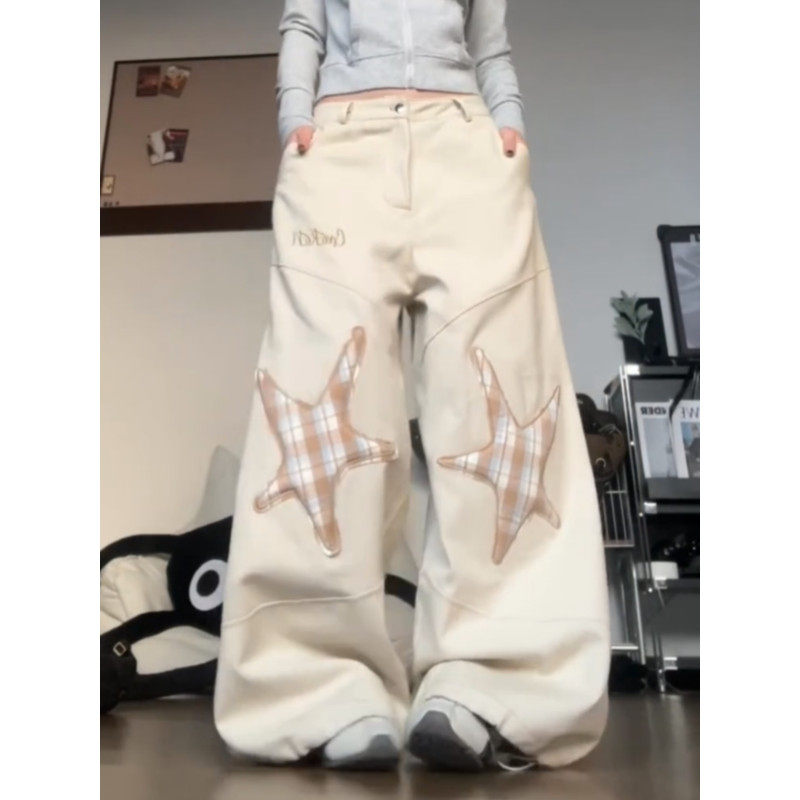 大码美式复古星星刺绣阔腿牛仔裤