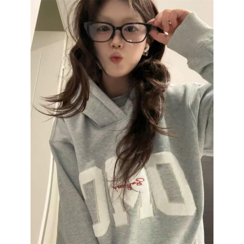 大码美式复古字母刺绣加绒卫衣女