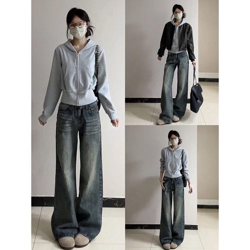 高腰牛仔裤女大码宽松显瘦阔腿裤