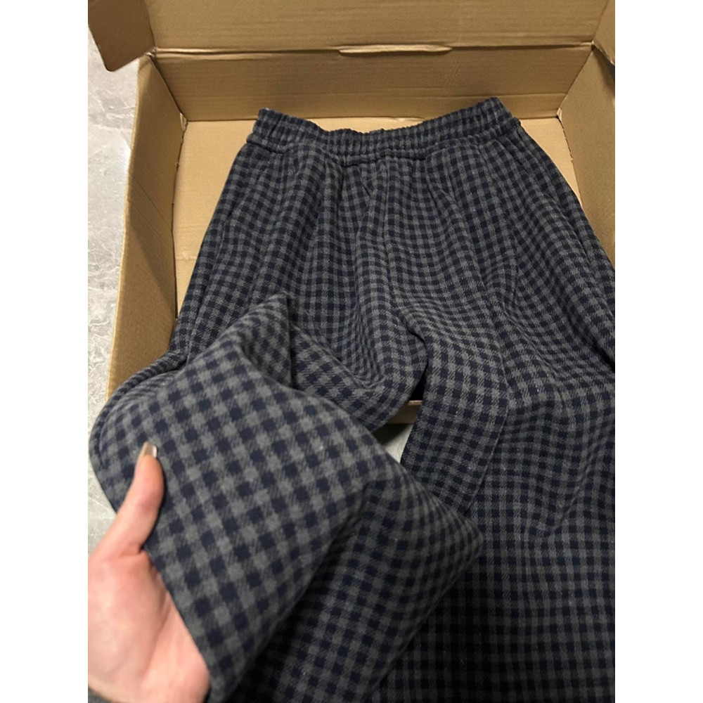 大码灰色格子高腰休闲裤女加绒