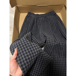 加绒宽松阔腿休闲百搭直筒裤 女春季 胖mm黑灰色格子高腰休闲裤 大码