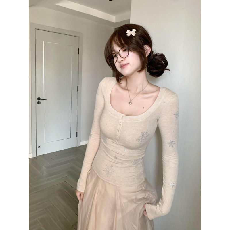 大码胖mm美式辣妹雪花烫钻方领长袖t恤女春季修身显瘦纯欲风上衣,女装/女士精品,大码内搭,淘宝优惠券,粉丝福利购,淘宝优惠卷