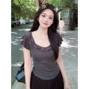 T恤女夏季 修身 胖mm韓系甜辣深灰色小飛袖 設(shè)計(jì)感短款 上衣 短袖 大碼