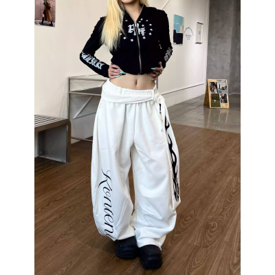 大码美式高街火焰字母绑带休闲裤