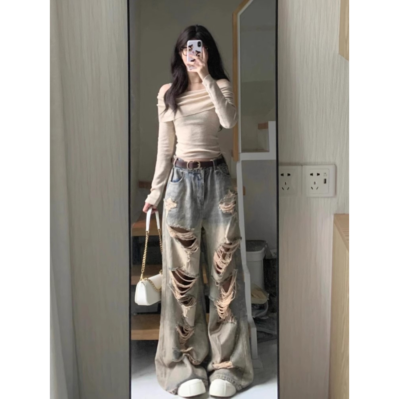 大码美式复古做旧破洞牛仔裤女