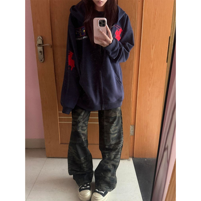 大码美式复古字母刺绣连帽卫衣女