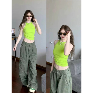 胖mm美式 修身 大码 辣妹风绿色吊带背心女夏季 打底上衣 短款 挂脖无袖