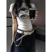 短款 大码 上衣 设计感t恤女夏季 小众修身 胖mm美式 辣妹眼睛印花短袖