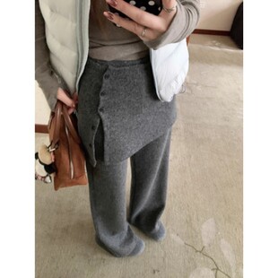 大码胖mm美式复古屁帘假两件加绒毛呢裤女秋冬加厚宽松休闲拖地裤