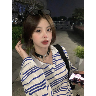 t恤女秋季 大码 长袖 胖mm美式 设计感宽松百搭上衣 蓝白色条纹polo衫
