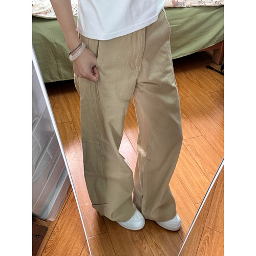 大码美式卡其色解构弯刀牛仔裤女