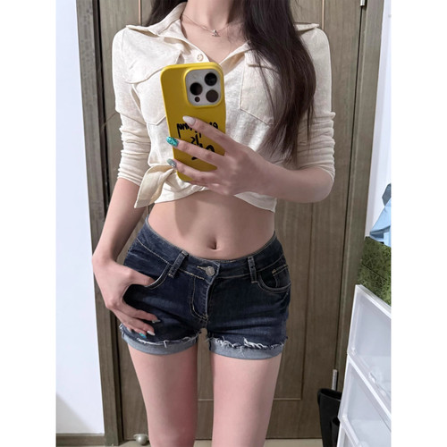 大码美式复古毛边低腰牛仔短裤女