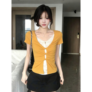 黄色修身 大码 t恤女夏季 辣妹蕾丝拼接假两件短袖 显瘦上衣 胖mm美式