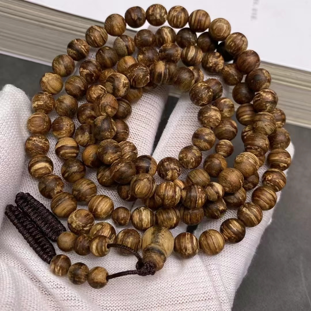 天然正区柬埔寨虎斑纹沉香圆珠多圈手串高油结香甘甜兰花香韵