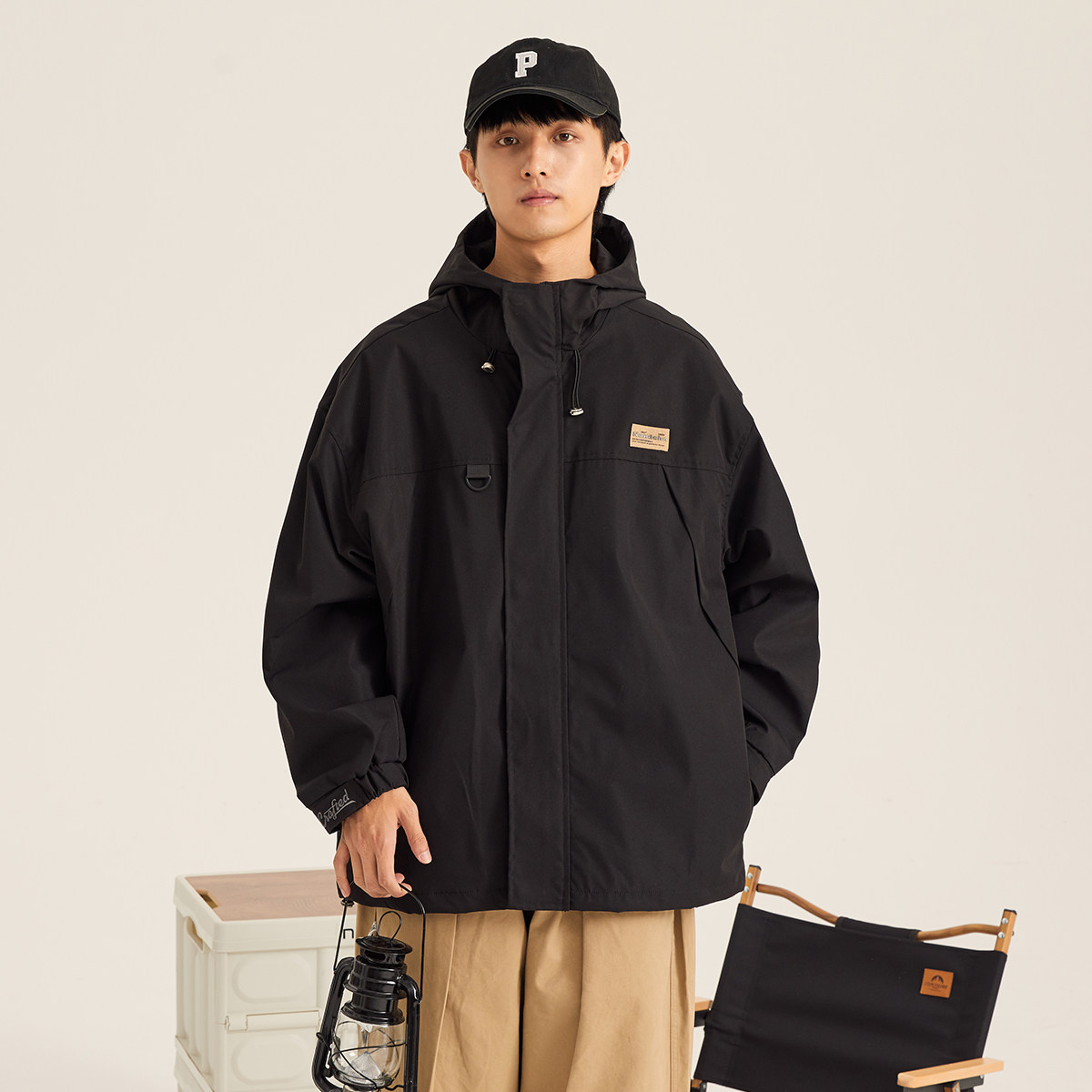 mansway连帽防风军绿色外套男休闲简约抽绳宽松夹克长袖冲锋衣潮