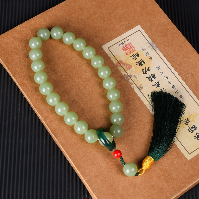 新疆和田青白玉手串手持天然湖水绿圆珠12mm手链男女款带流苏挂坠