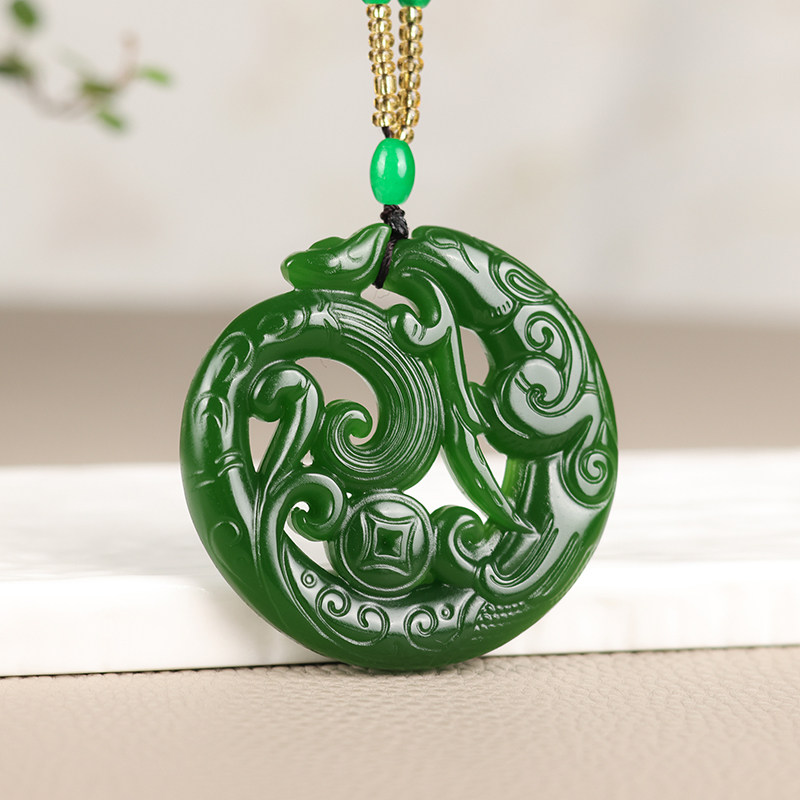 仿古件碧玉单凤吊坠双面镂空雕刻菠菜绿凤凰生肖龙玉石腰佩毛衣链