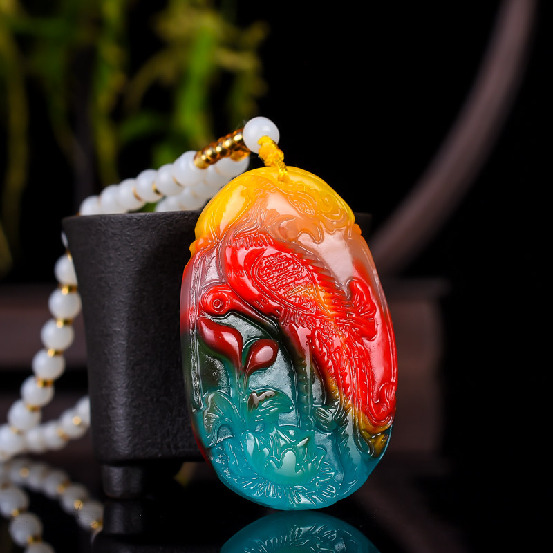 天然和田玉彩玉凤凰吊坠新疆七彩浴火凤凰挂件毛衣链玉石男女项链