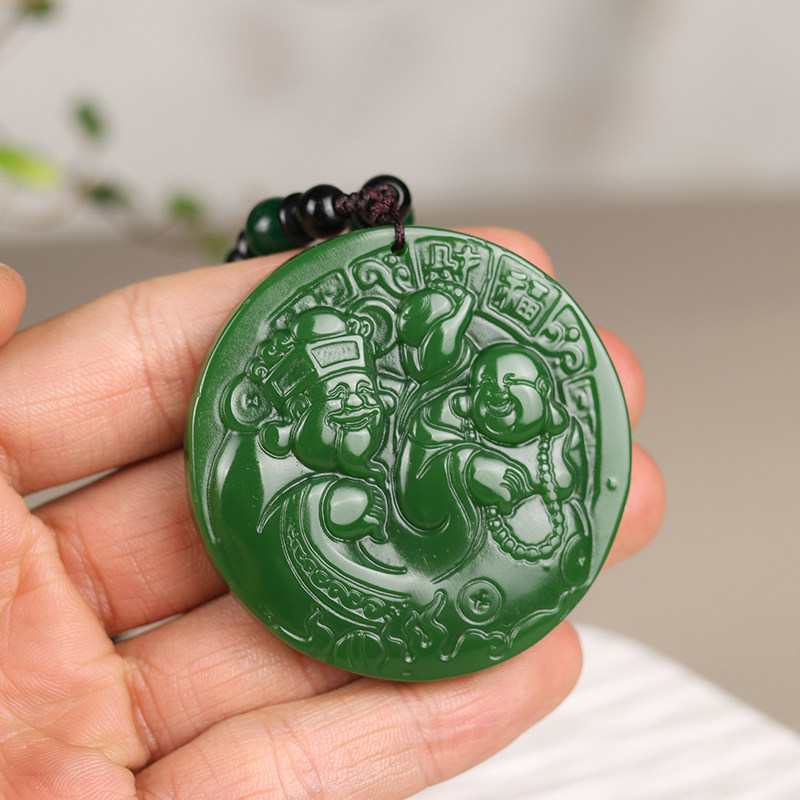 弥勒佛玉坠雕刻挂件和田玉碧玉男女款项链转运人财两旺菠菜绿玉佩