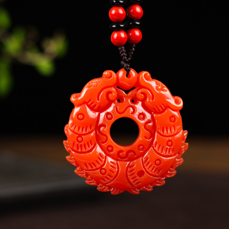 新疆和田玉红玉双龙戏珠平安环天然玉石吊坠男女款玉璧镂空平安牌