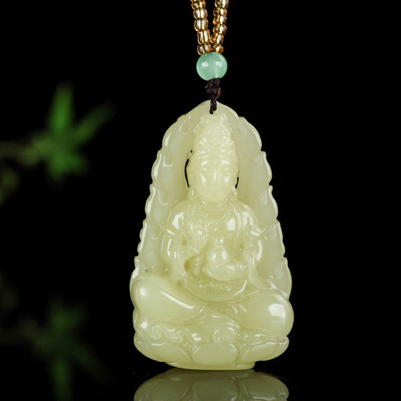 青白玉观音双面玉石精雕男女款观音菩萨保平安玉佩黄口料挂件吊坠