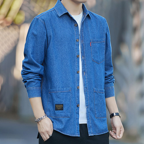 棉布多口袋纯色耐磨长袖牛仔外套