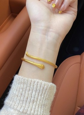 古法黄金色素圈手镯招财小灵蛇手镯小众本命年生肖开口可调节镯子