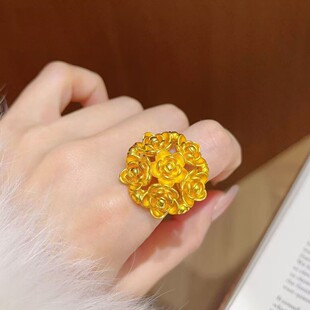 繁花似锦沙金玫瑰手捧花戒指女精致高颜值婚嫁仿三金活口指环送礼