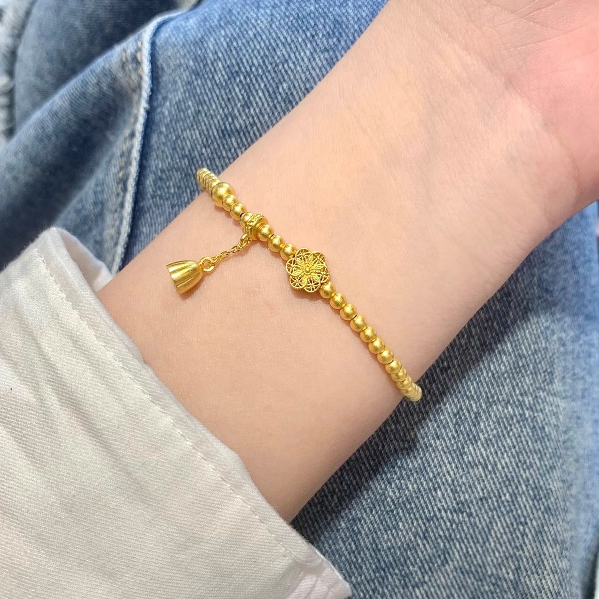 古法传承福满莲华六相花女金黄色手链转运珠莲蓬桃花首饰520礼物