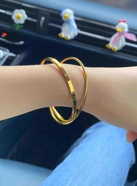18k镀金双圈手环小众复古黄金色圆点手镯实心简约仿真金手饰送礼