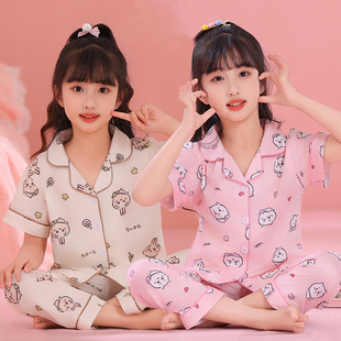 女童睡衣夏季短袖长裤仿棉乌萨奇卡通可爱小女孩两件套装薄款家居