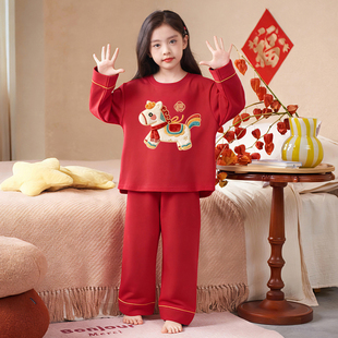 儿童睡衣女童仿棉大红新年长袖套装卡通马到成功中大童女孩家居服